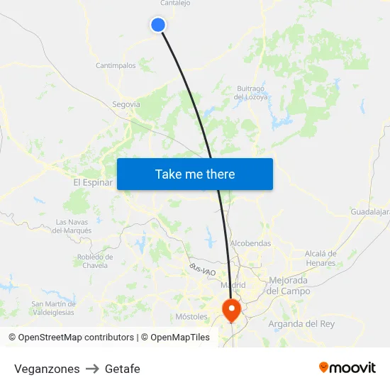 Veganzones to Getafe map