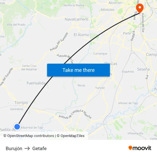 Burujón to Getafe map