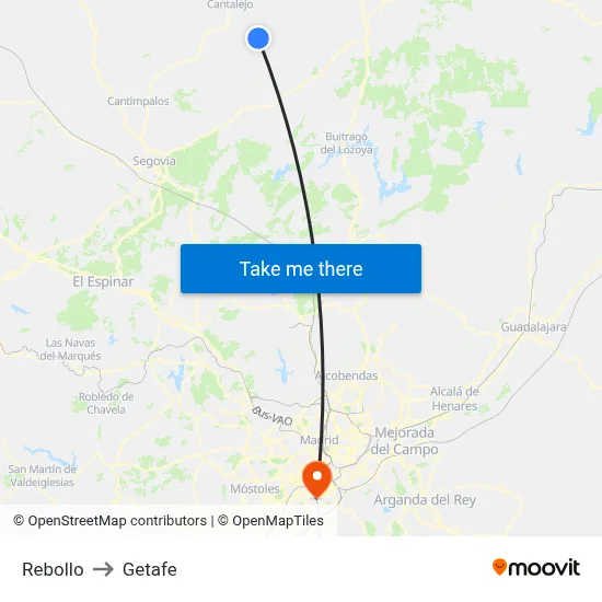 Rebollo to Getafe map