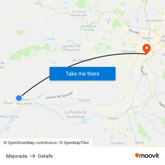 Mejorada to Getafe map