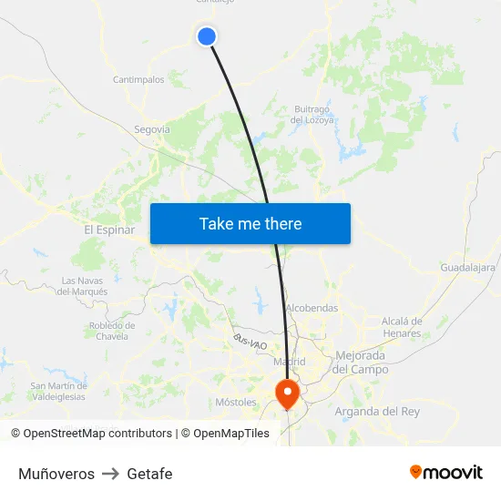 Muñoveros to Getafe map