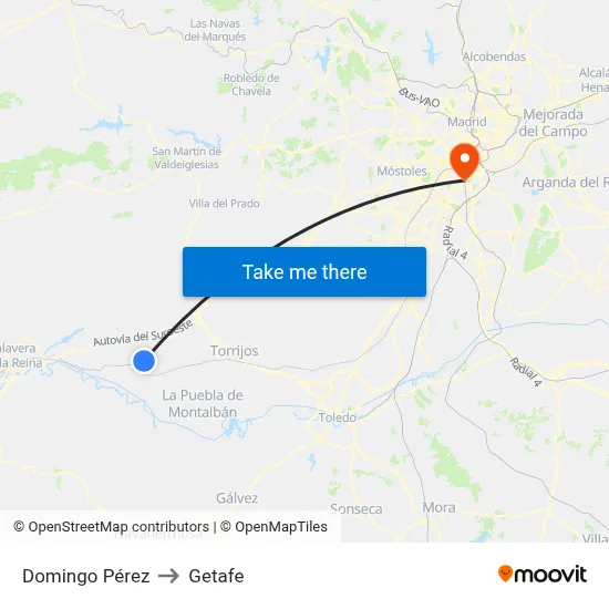 Domingo Pérez to Getafe map