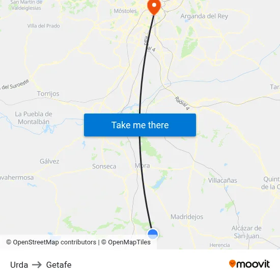 Urda to Getafe map