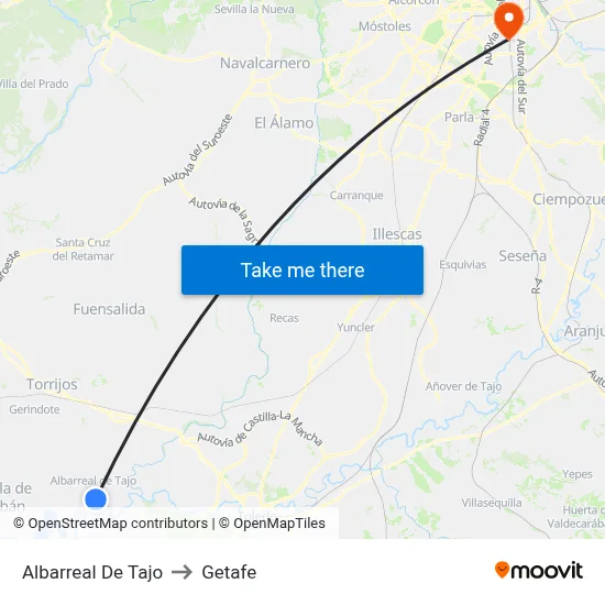 Albarreal De Tajo to Getafe map