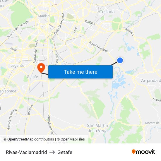 Rivas-Vaciamadrid to Getafe map