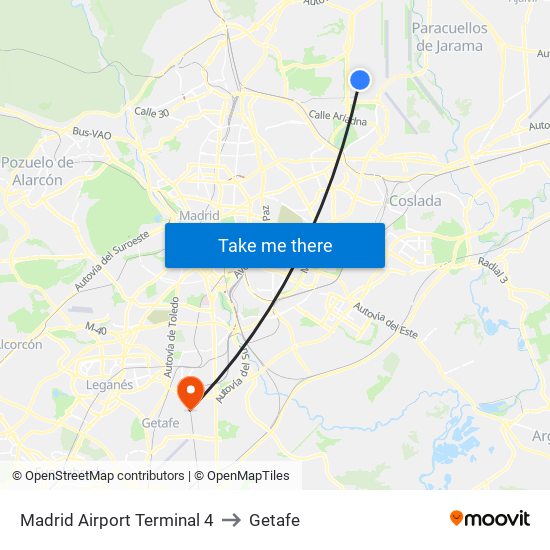 Madrid Airport Terminal 4 to Getafe map