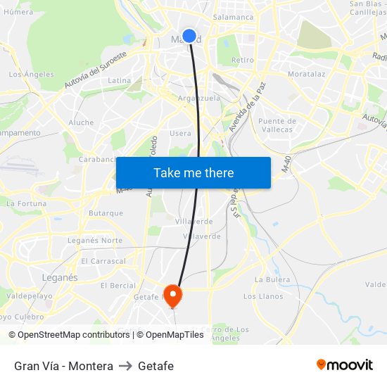 Gran Vía - Montera to Getafe map