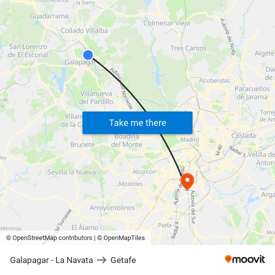 Galapagar - La Navata to Getafe map