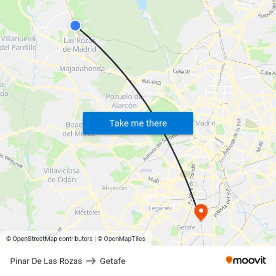 Pinar De Las Rozas to Getafe map