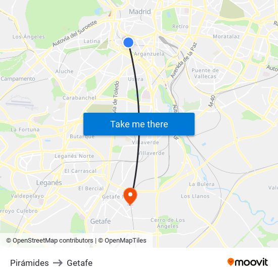 Pirámides to Getafe map