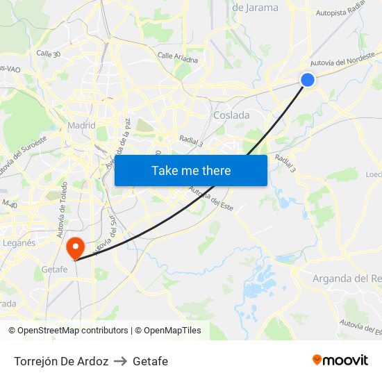 Torrejón De Ardoz to Getafe map