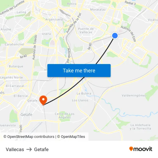 Vallecas to Getafe map