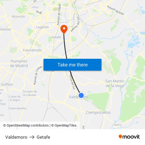 Valdemoro to Getafe map