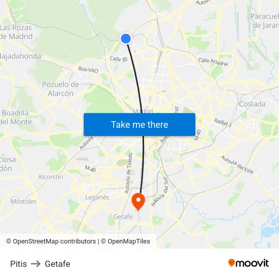 Pitis to Getafe map