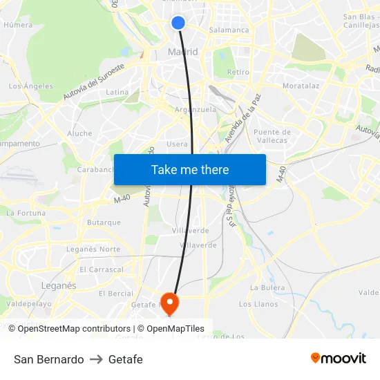 San Bernardo to Getafe map
