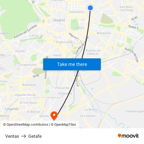 Ventas to Getafe map