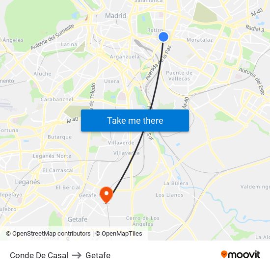 Conde De Casal to Getafe map