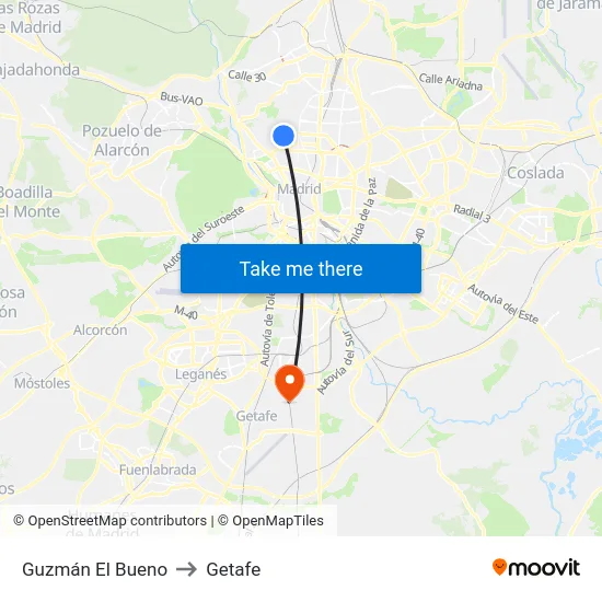 Guzmán El Bueno to Getafe map