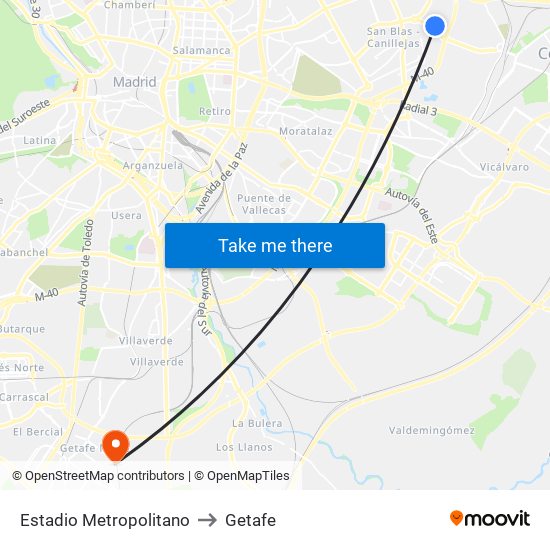Estadio Metropolitano to Getafe map