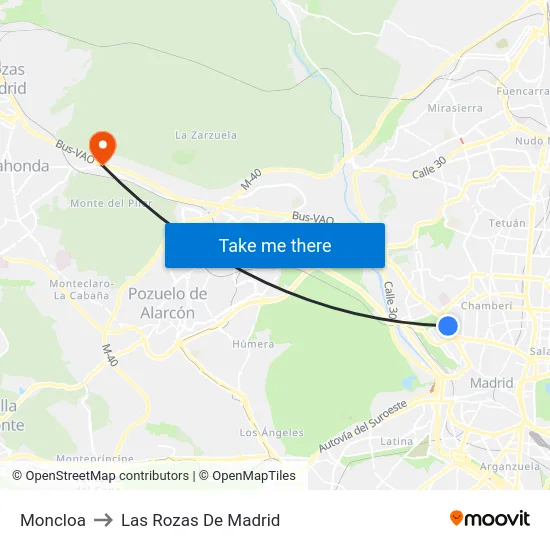 Moncloa to Las Rozas De Madrid map