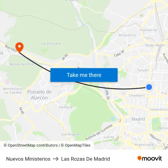 Nuevos Ministerios to Las Rozas De Madrid map