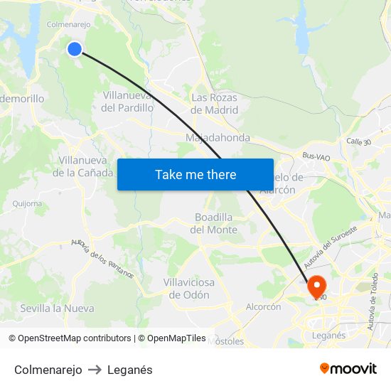 Colmenarejo to Leganés map