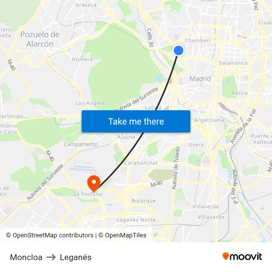 Moncloa to Leganés map