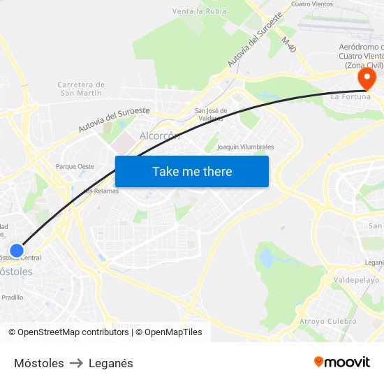 Móstoles to Leganés map