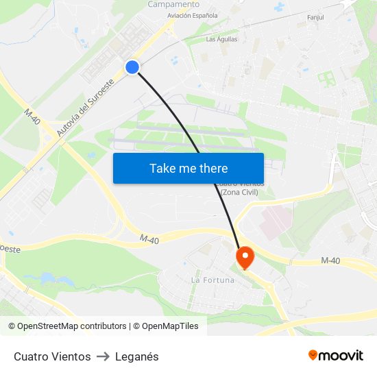 Cuatro Vientos to Leganés map