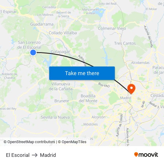 El Escorial to Madrid map