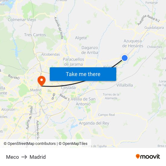 Meco to Madrid map