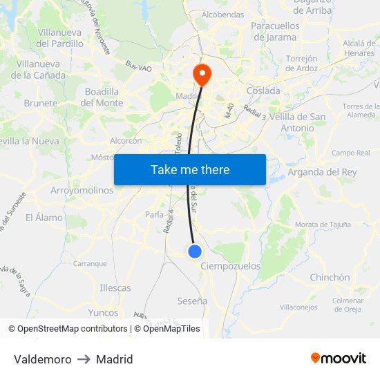 Valdemoro to Madrid map