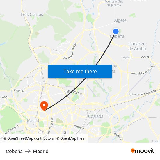 Cobeña to Madrid map