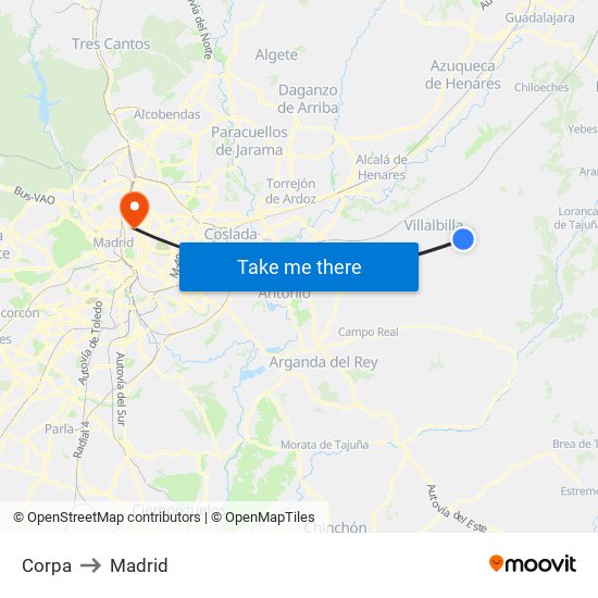 Corpa to Madrid map