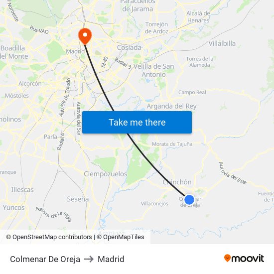 Colmenar De Oreja to Madrid map