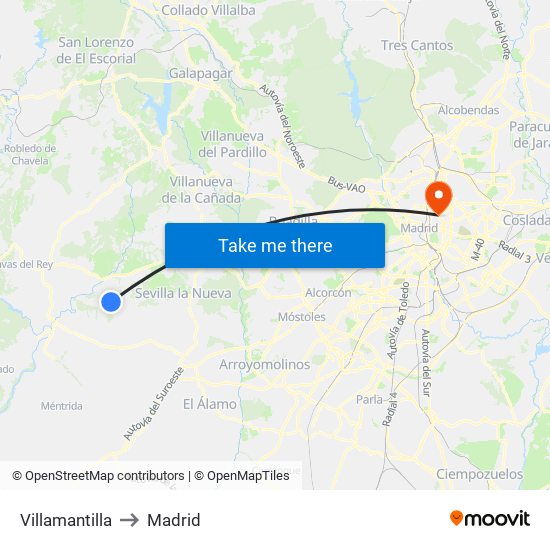 Villamantilla to Madrid map