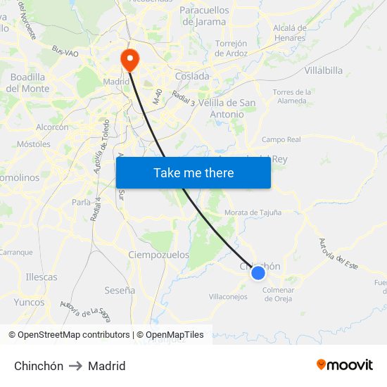 Chinchón to Madrid map