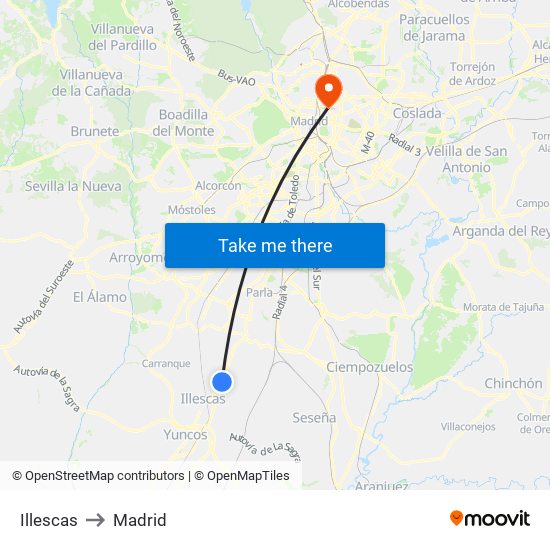 Illescas to Madrid map