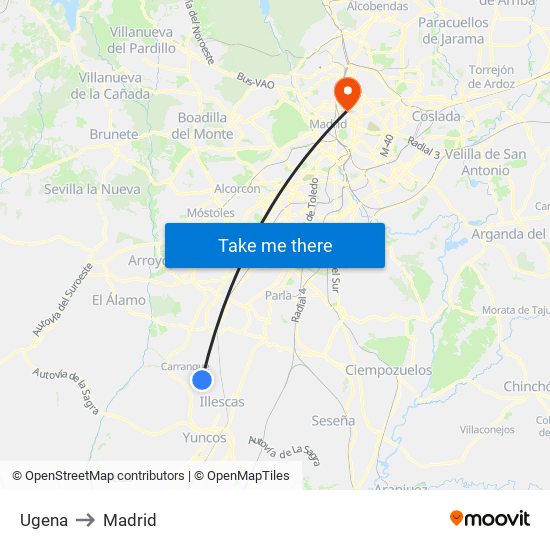 Ugena to Madrid map