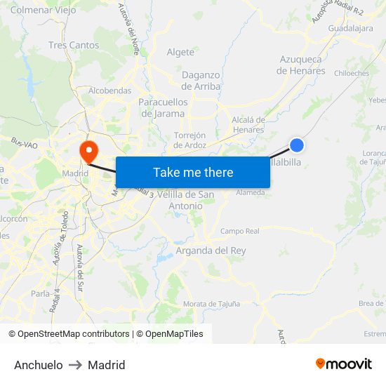 Anchuelo to Madrid map