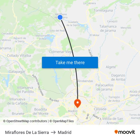 Miraflores De La Sierra to Madrid map