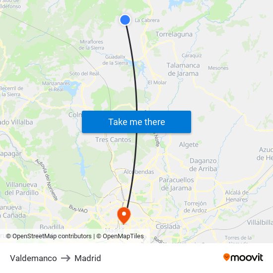 Valdemanco to Madrid map