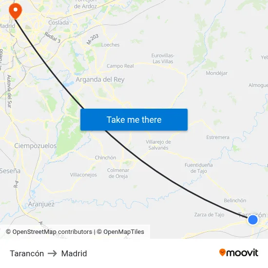 Tarancón to Madrid map