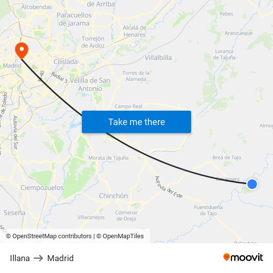 Illana to Madrid map