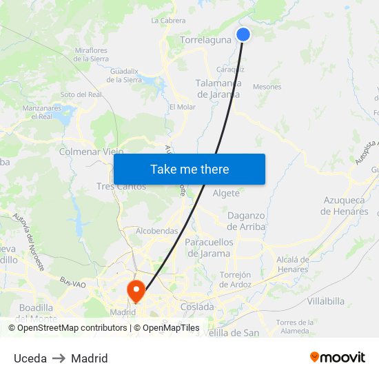Uceda to Madrid map