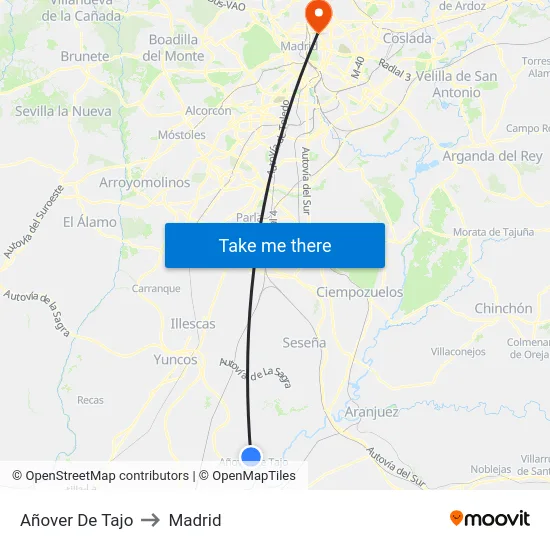 Añover De Tajo to Madrid map