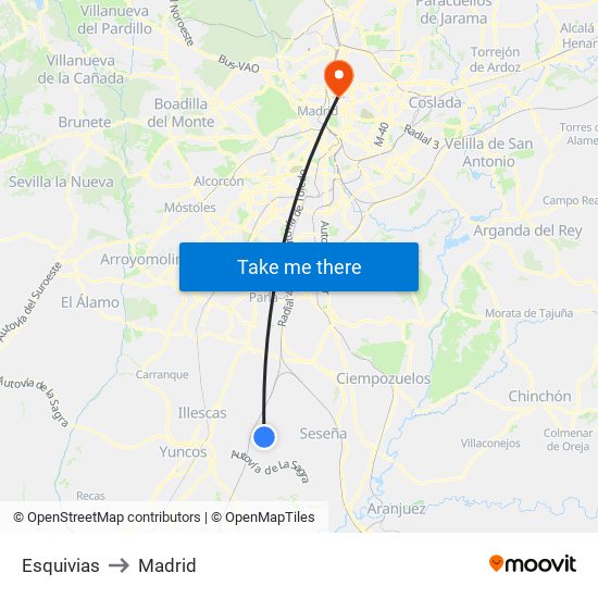 Esquivias to Madrid map