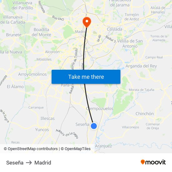 Seseña to Madrid map