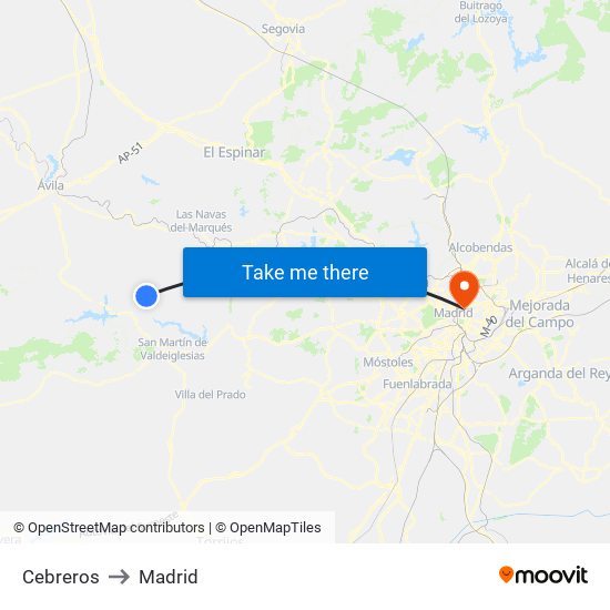 Cebreros to Madrid map