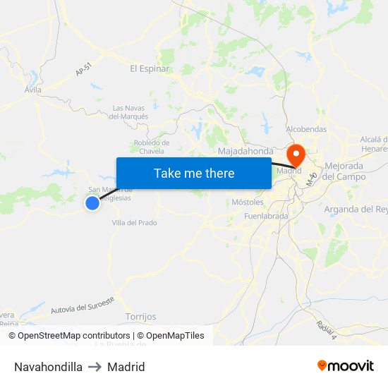 Navahondilla to Madrid map